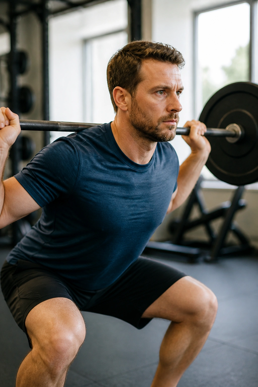 Medium-close shot of an athlete returning to training with a light barbell squat in a gym
