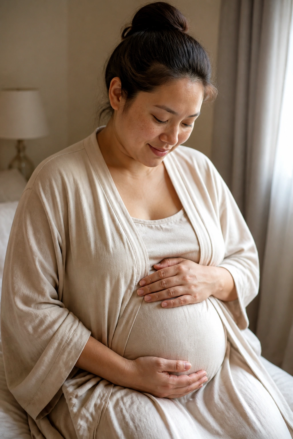 Postpartum person wearing comfortable clothing in cozy bedroom