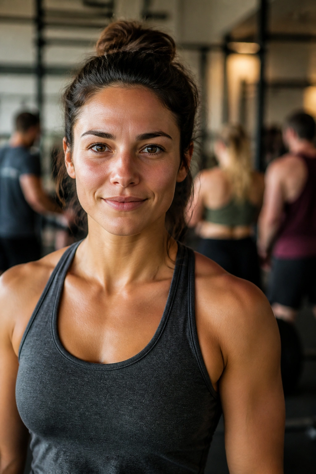 Portrait of a real person in a gym with a blurred class in the background