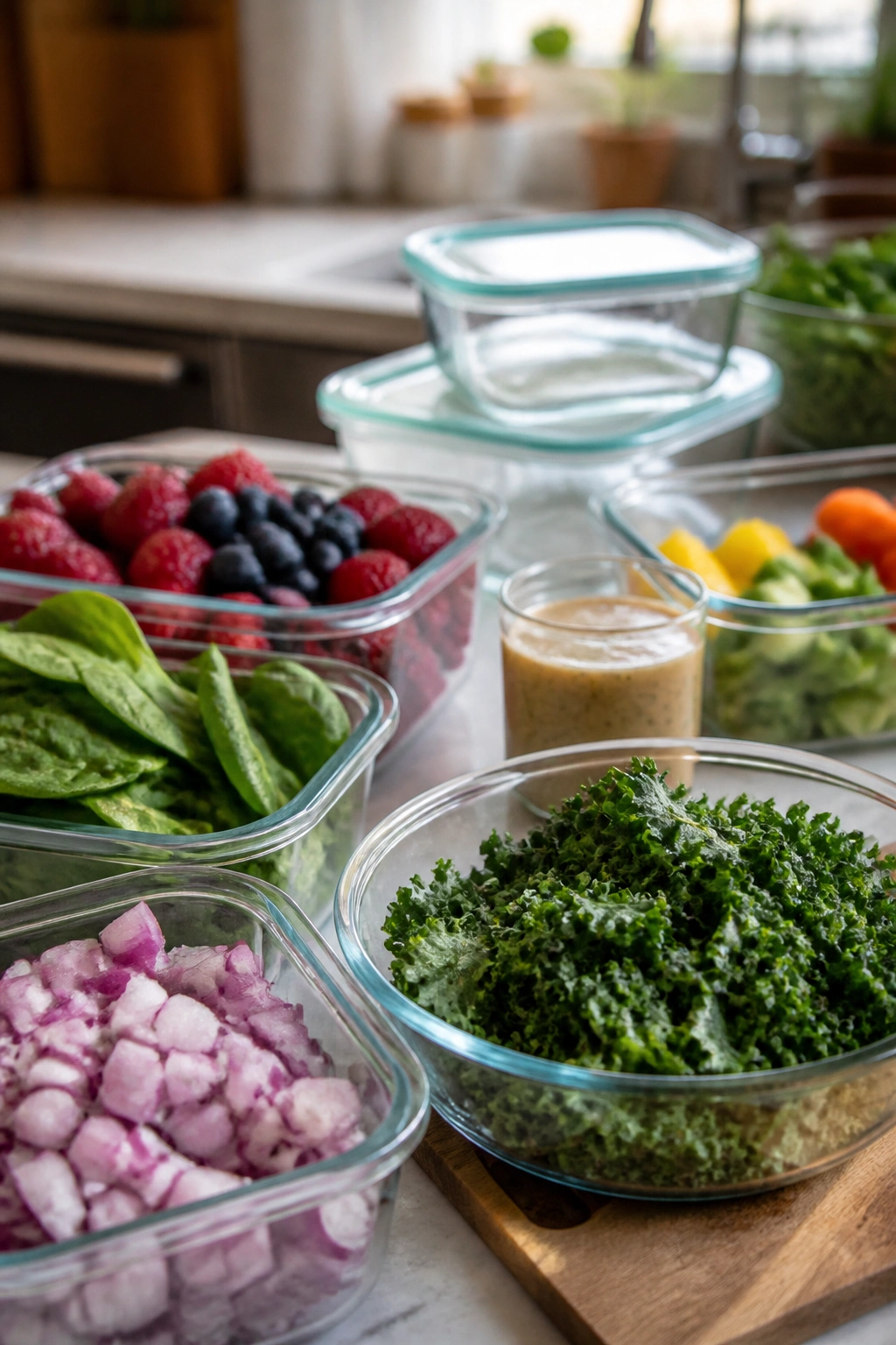 Chopped vegetables arranged in unlabeled glass bowls on a bright counter