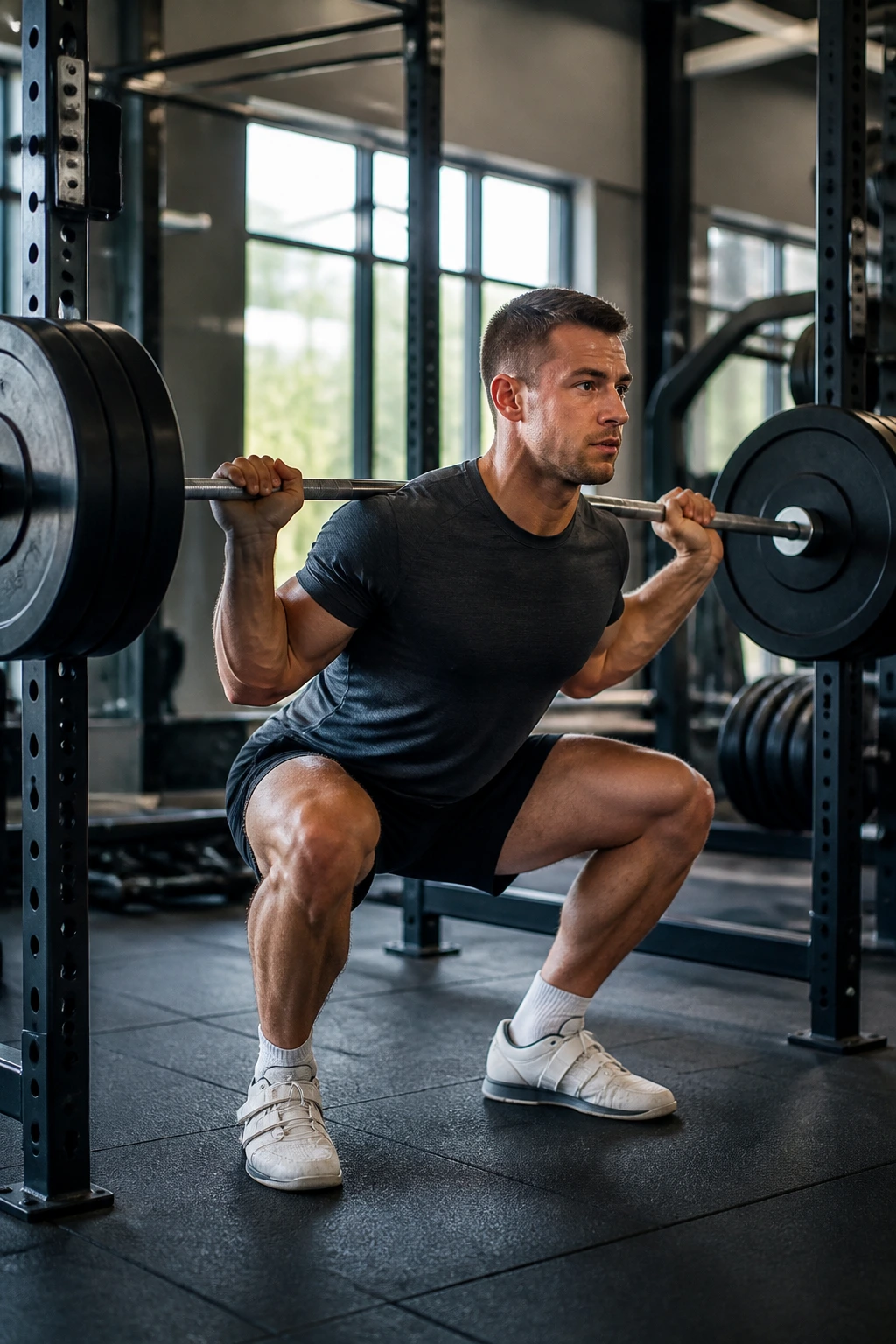 Lifter performing barbell back squat in a gym environment