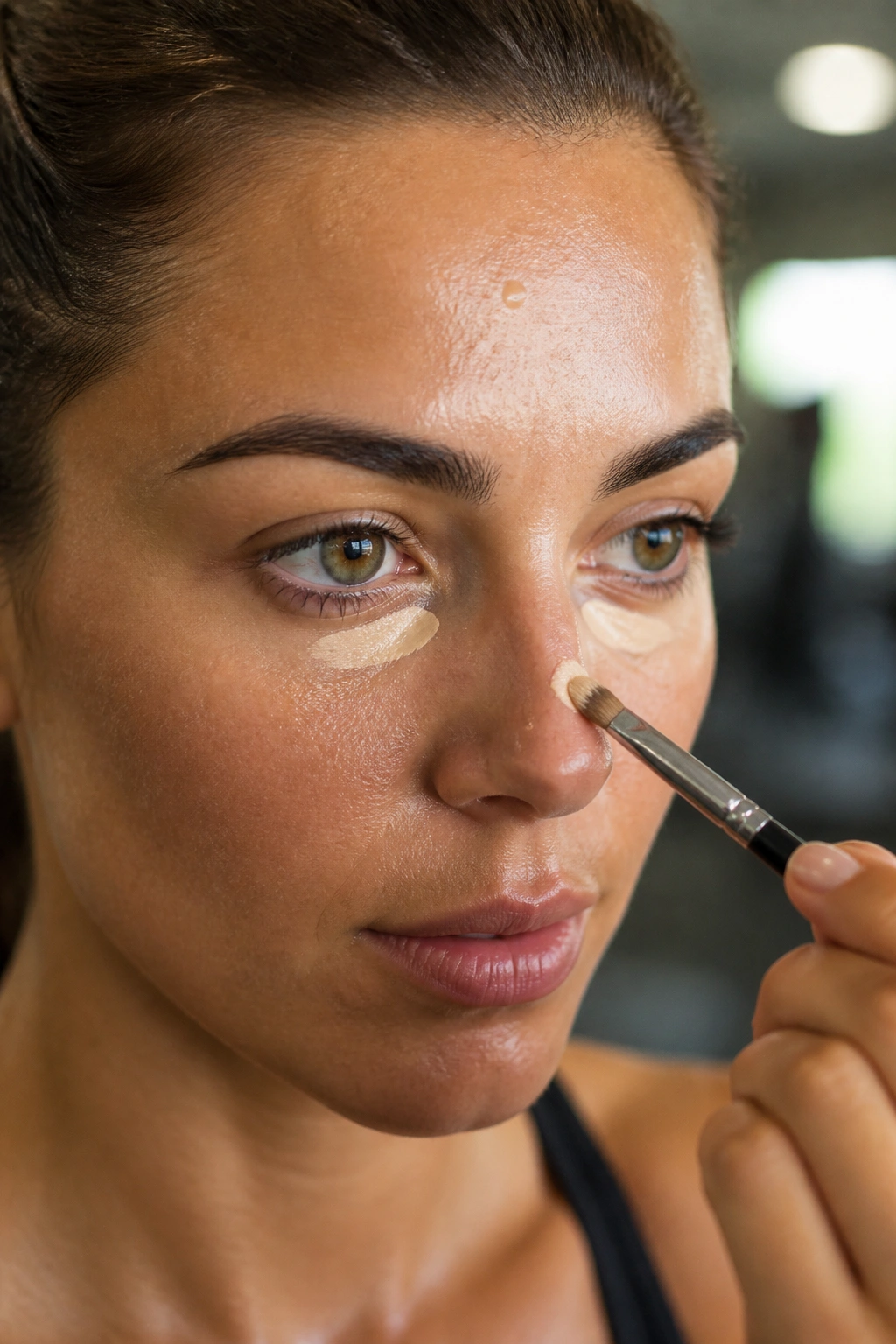 Targeted concealer under eyes and nose in gym setting