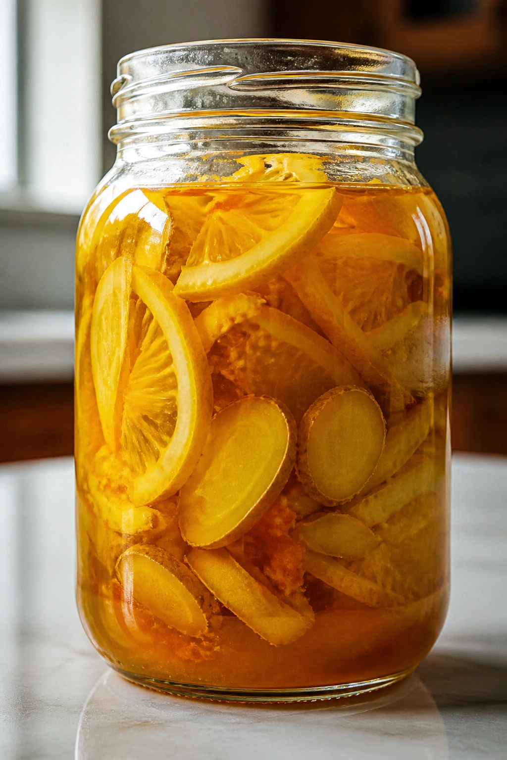 Amber concentrate in a glass jar with lemon peel and ginger slices