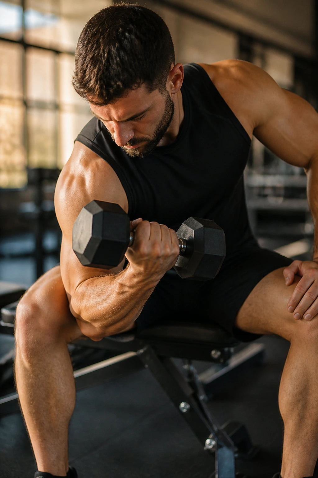 Concentration curl close-up with elbow on thigh