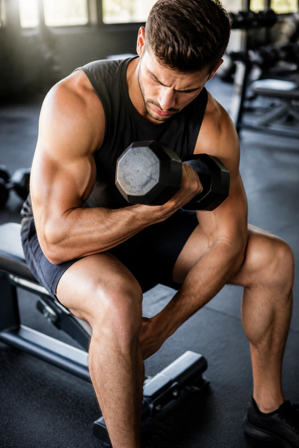 Close-up concentration curl with elbow braced on thigh performing strict curl