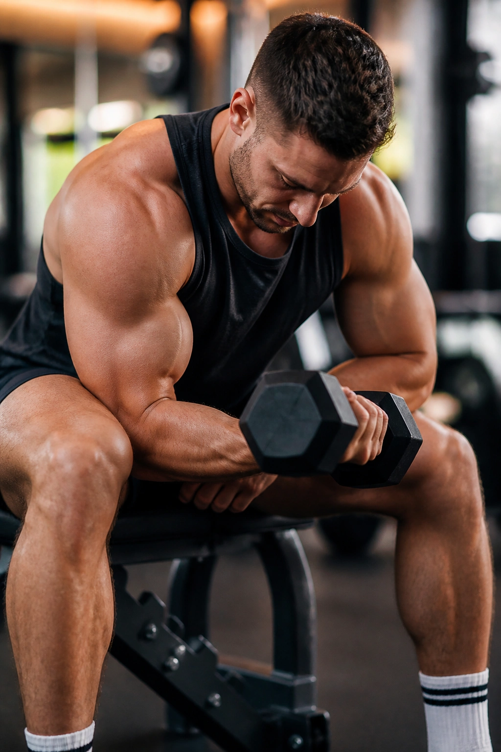 Close-up of concentration curl showing isolated biceps in a gym
