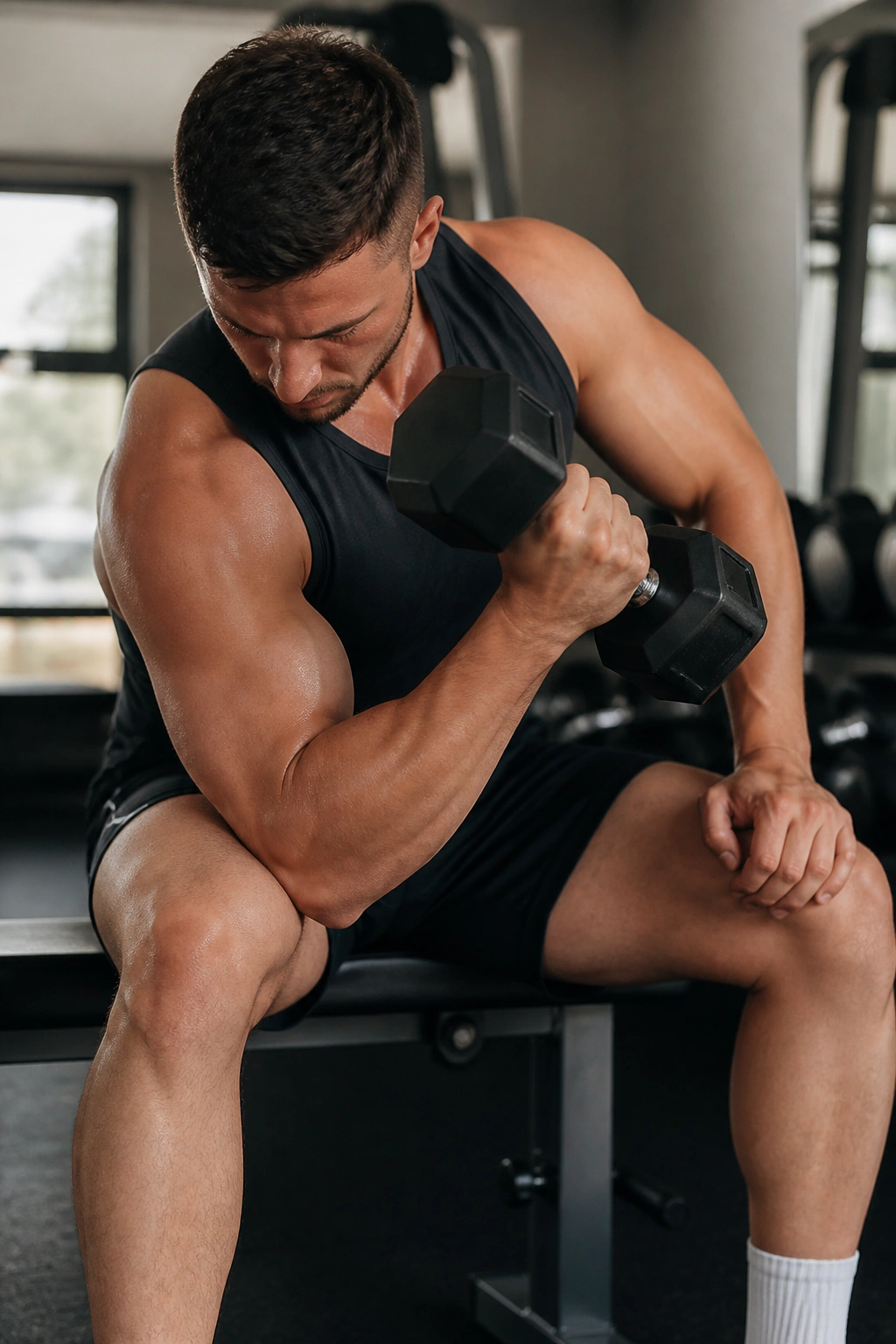 Concentration curl close-up with elbow on thigh