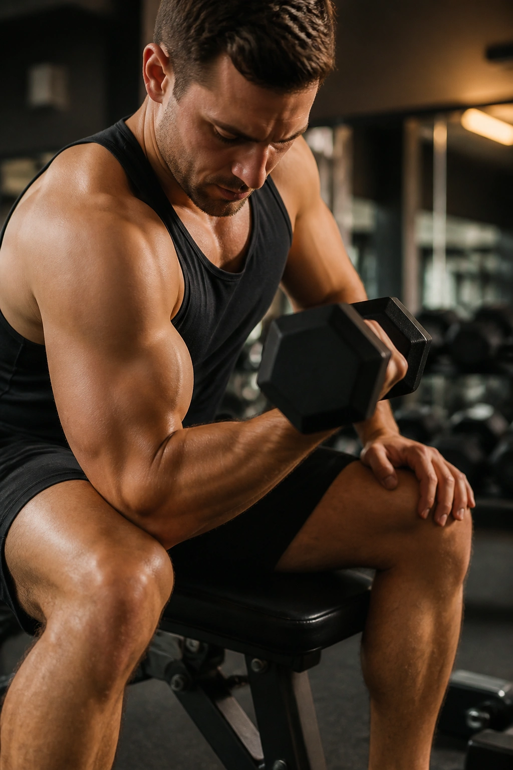 Close-up of a concentration curl with elbow on thigh and strict form