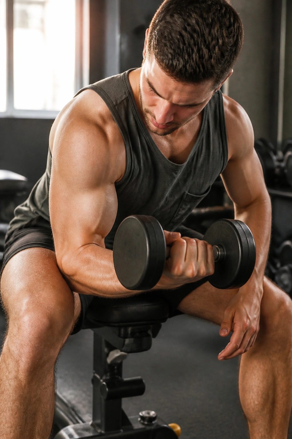 Close up of a person seated performing concentration curls with elbow on thigh