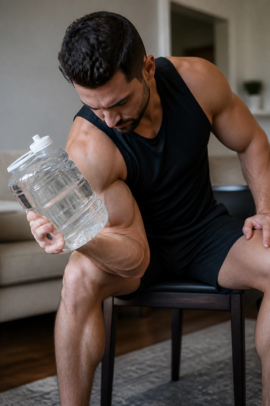 Close-up of concentration curl with water jug on inner thigh