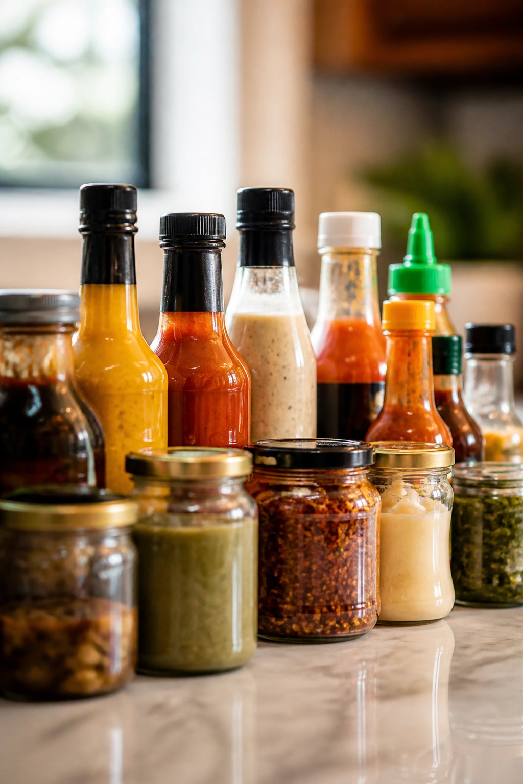Lineup of sauce bottles on a kitchen counter ready for quick flavor boosts.