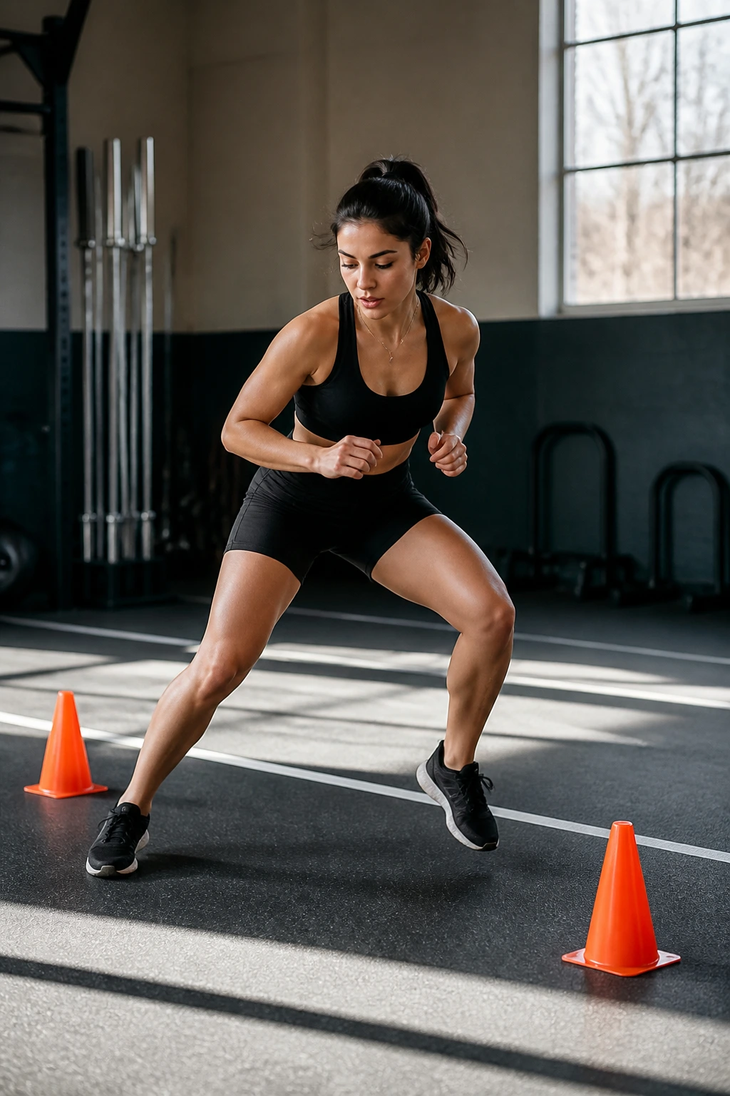 Person performing cone drills and lateral shuffles in a gym with cones