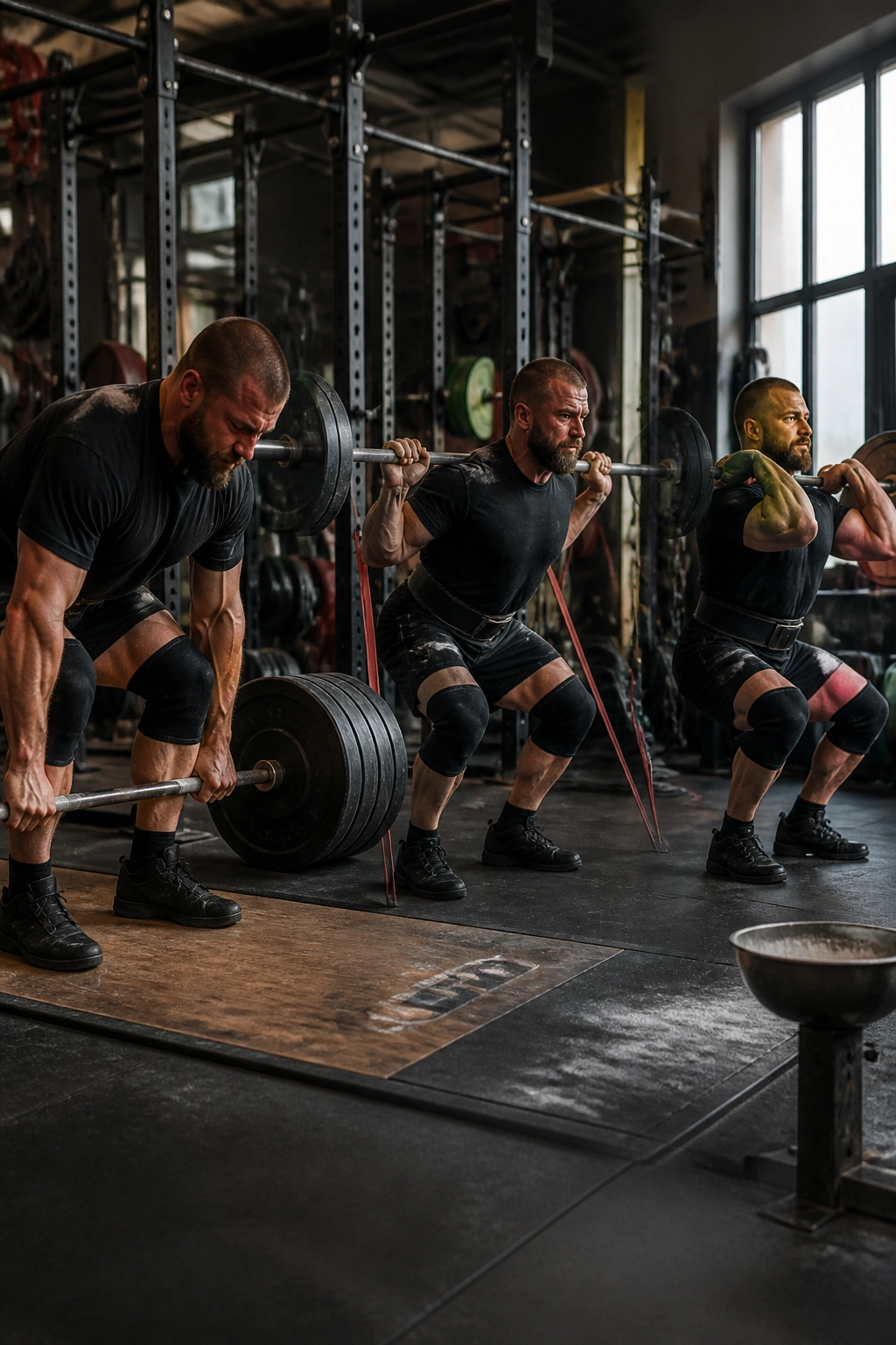 Lifter demonstrates diverse effort types in a gym to illustrate conjugate training