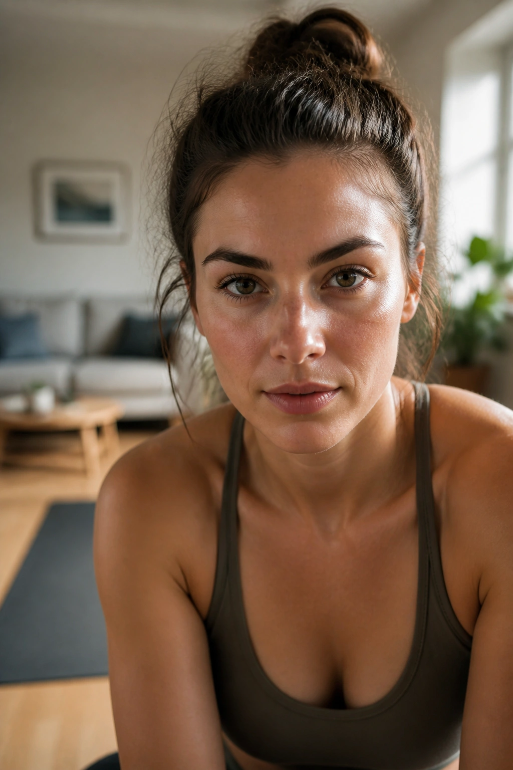 Close-up portrait of a determined Pilates practitioner in a cozy home setting