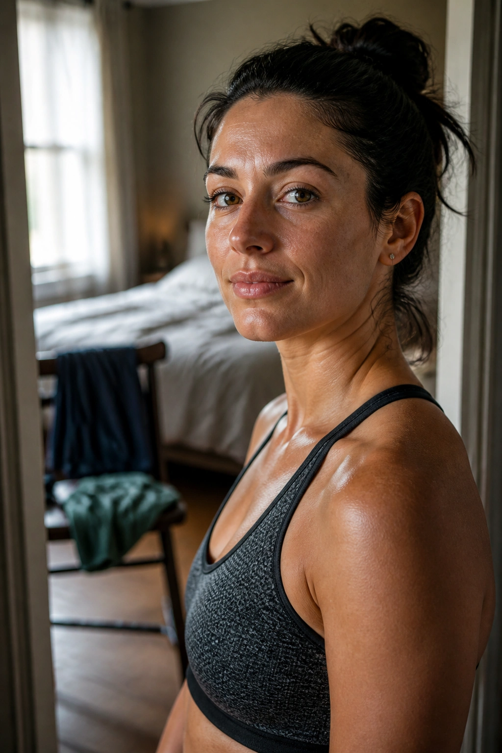 Close-up portrait of a real person in athletic wear conveying consistency and routine in a cozy bedroom.