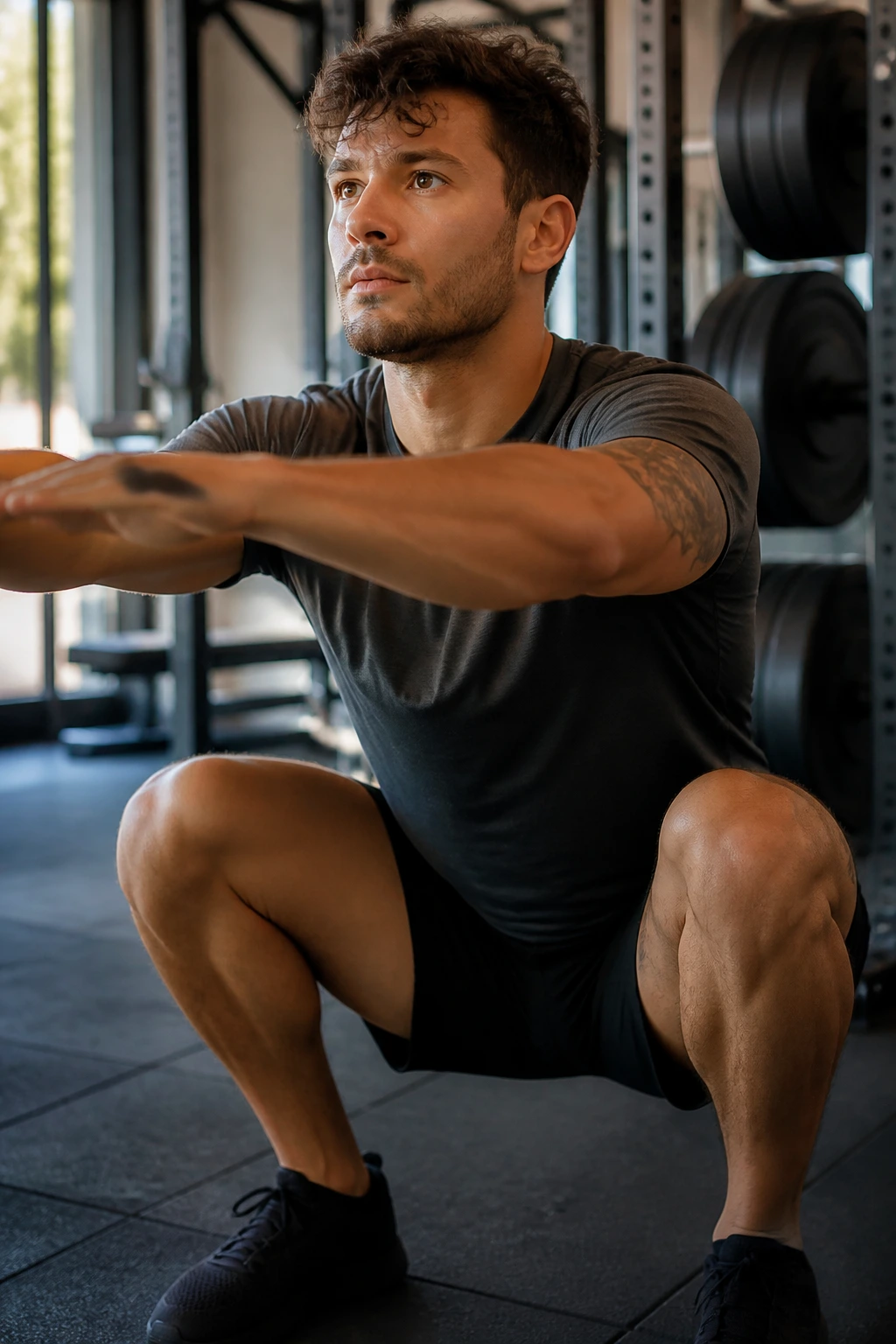 Close-up of a real person performing a squat in a gym to emphasize daily consistency and form