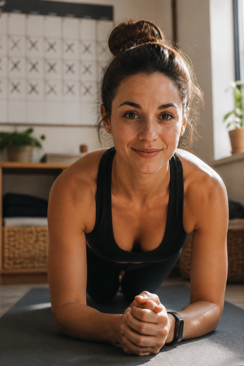 Close-up portrait of a person performing a tiny daily workout with a streak-marked calendar in the background