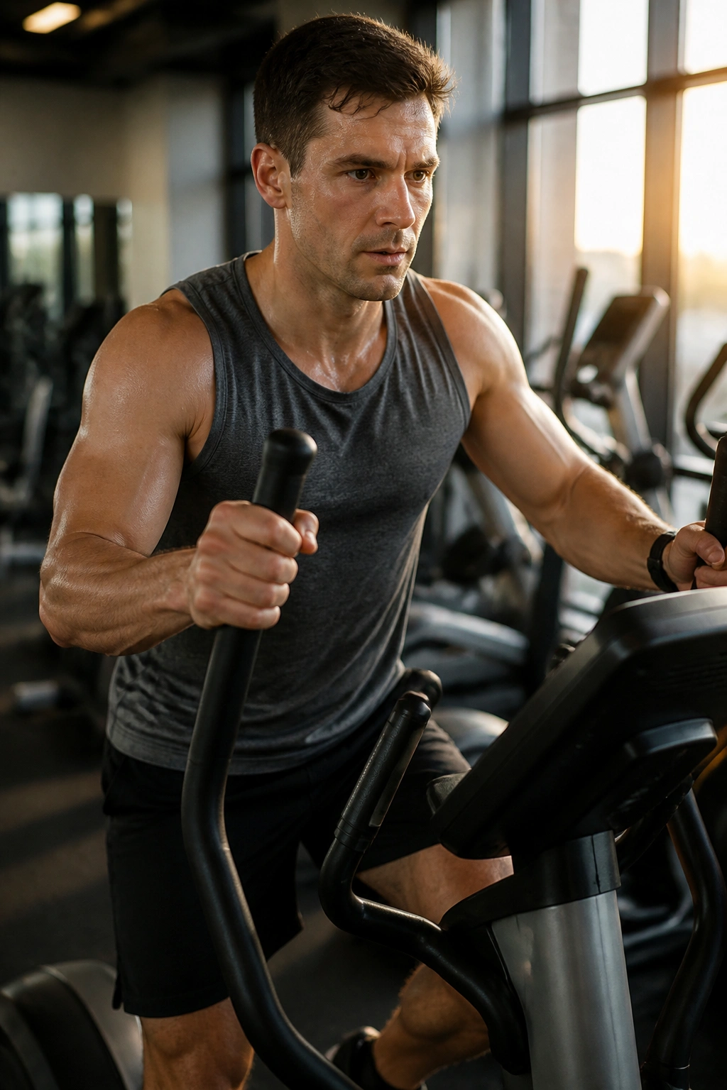 Real person on an elliptical maintaining fixed resistance during endurance test in a gym