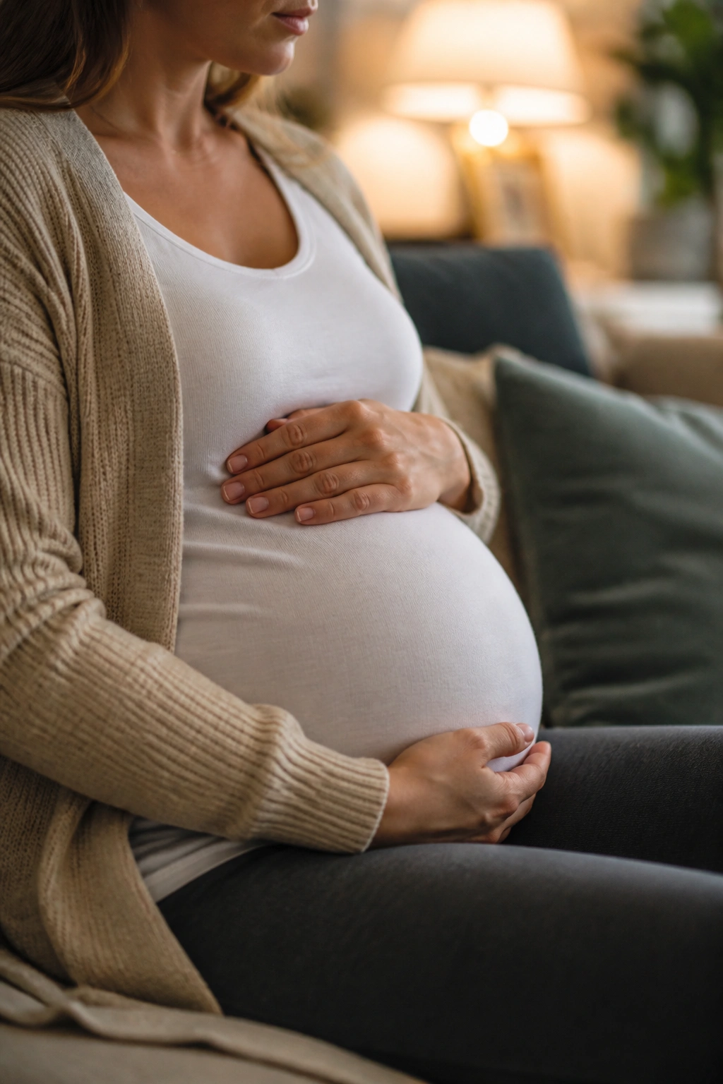 Close-up of pregnant belly showing mild bloating