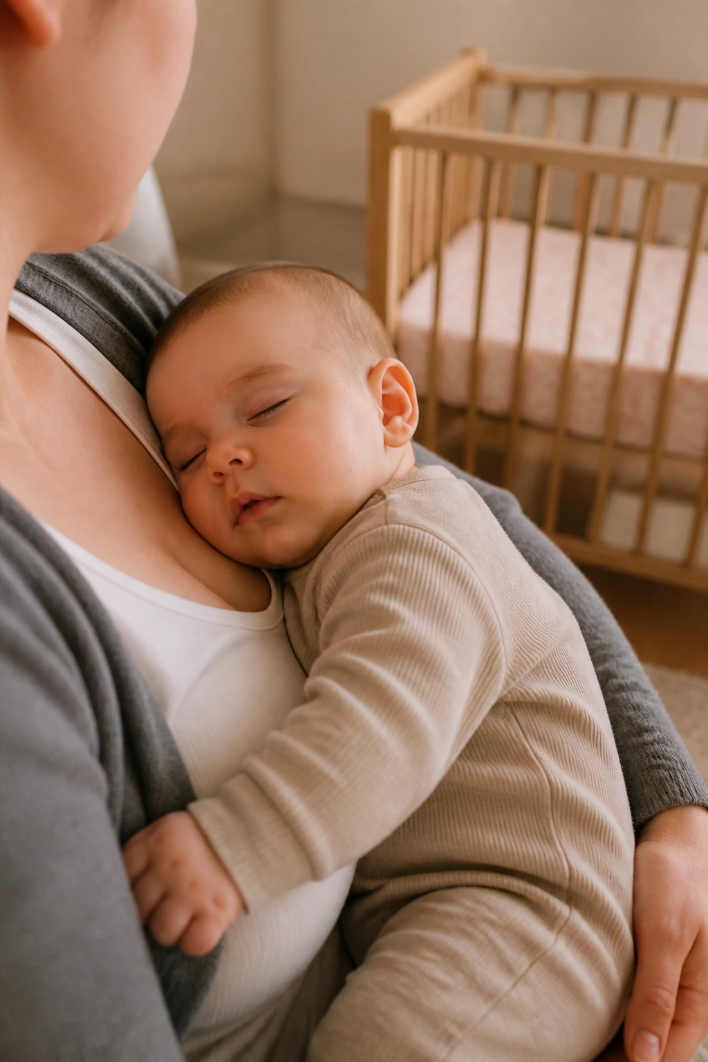 Baby resting on caregiver's chest transitioning toward crib sleep