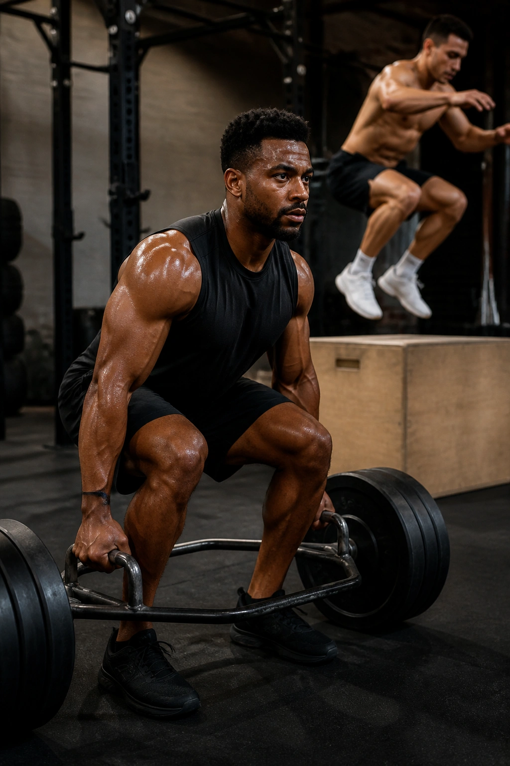 Athlete performing a fast-force contrast drill in the gym showing heavy lift and explosive movement.