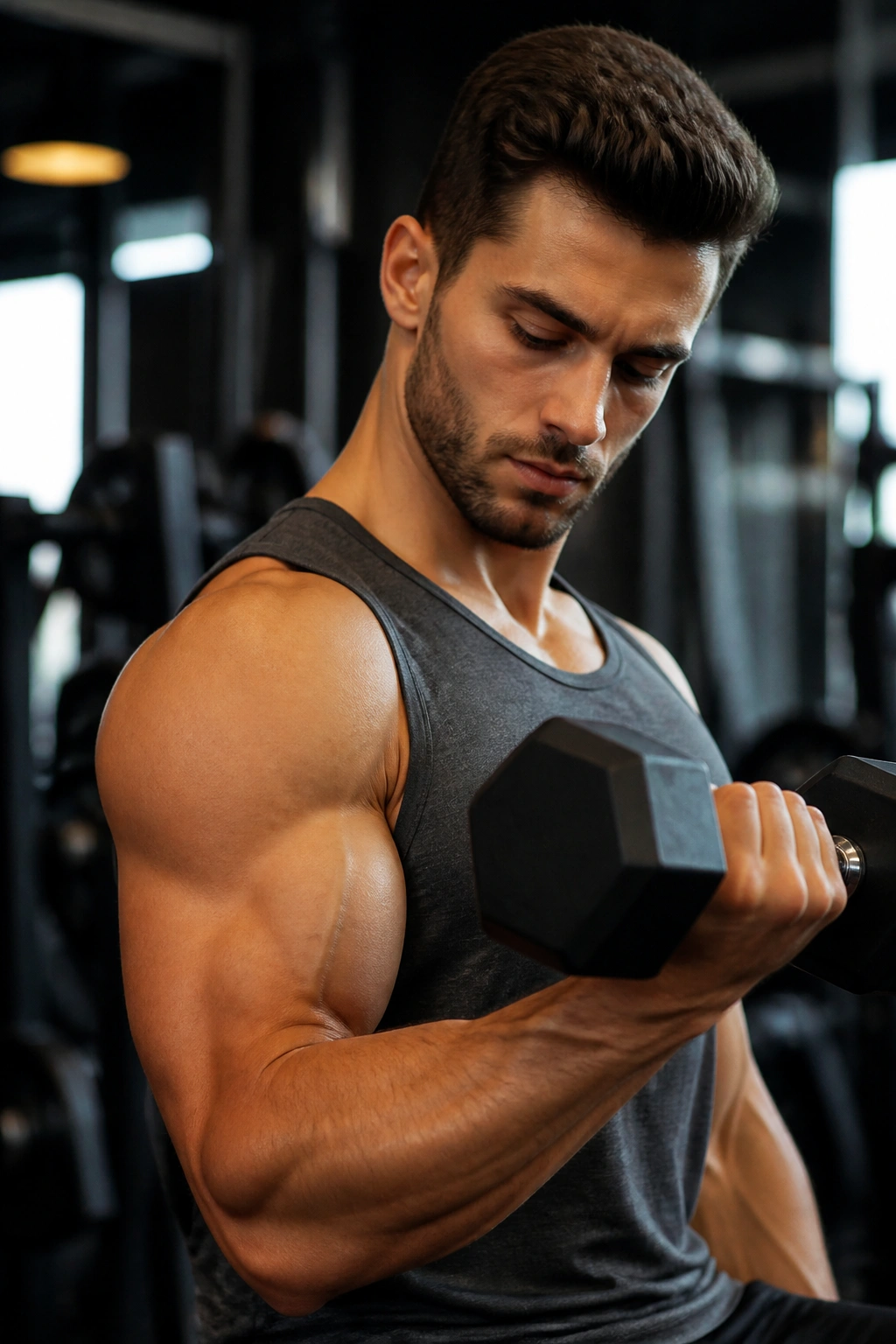 Lifter performing a controlled bicep curl with good form