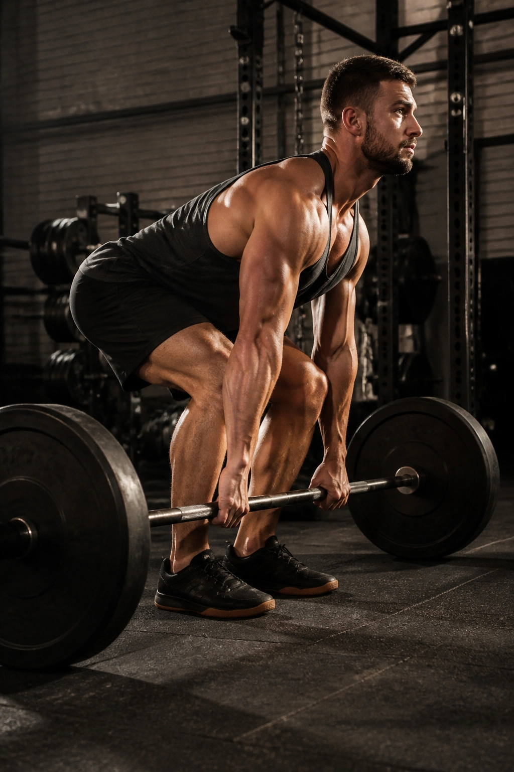Lifter preparing to lift deadlift from floor in gym