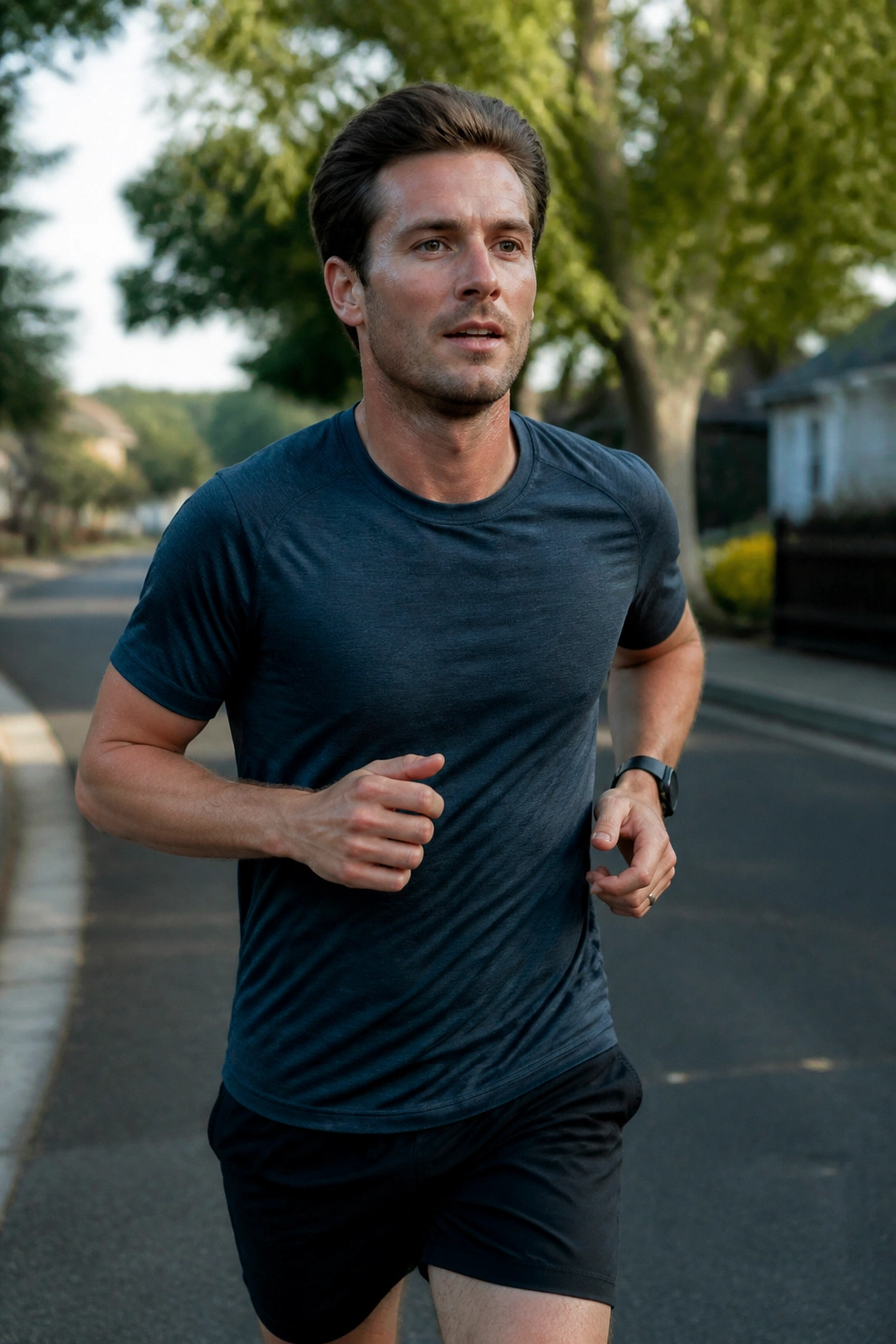 Real runner on a neighborhood loop maintaining a conversational pace