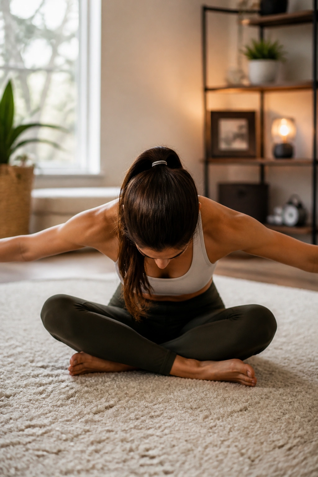 Close-up of a real woman performing a Cool-Down Stretch and Release seated cross-legged with arms out for chest opener