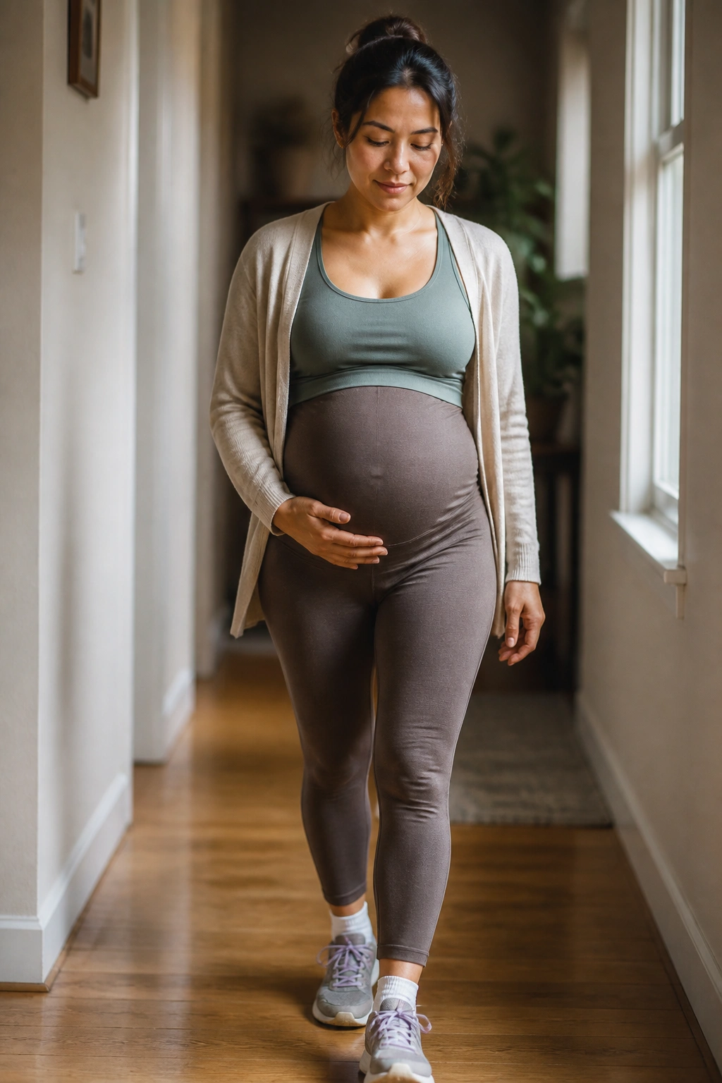 Pregnant woman performing a gentle cooldown walk and breathing reset at home