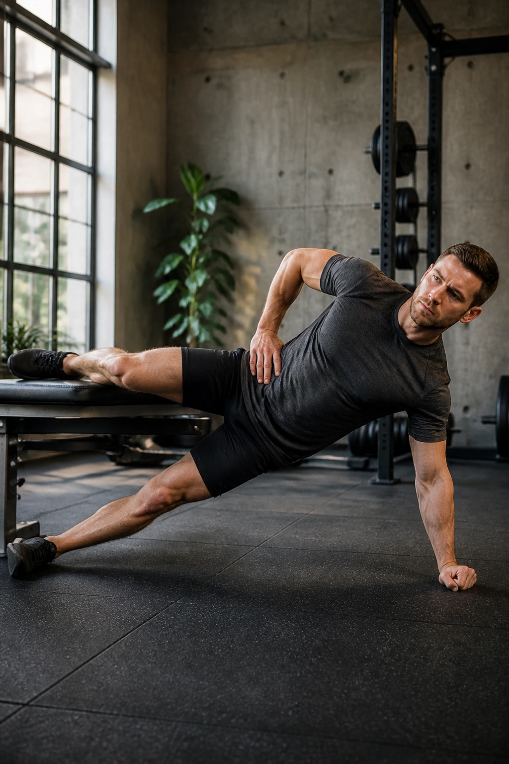 Side Copenhagen plank with top knee on bench showing hip stability.