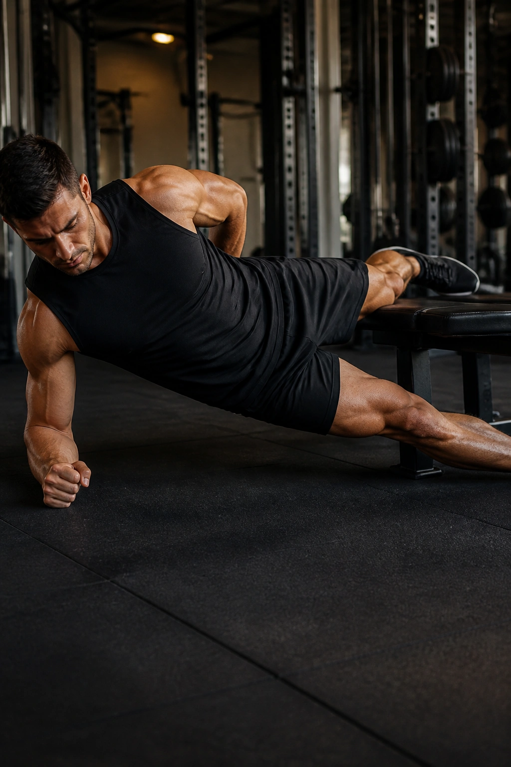 Close-up of a fit athlete performing Copenhagen plank on a bench, highlighting obliques and inner thigh engagement