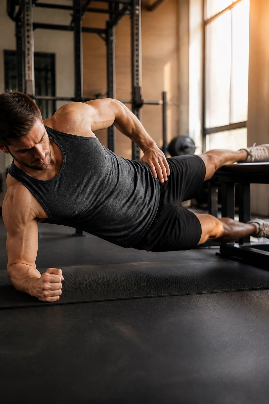 Close-up of a person performing Copenhagen plank focusing on hip adduction and inner thigh engagement