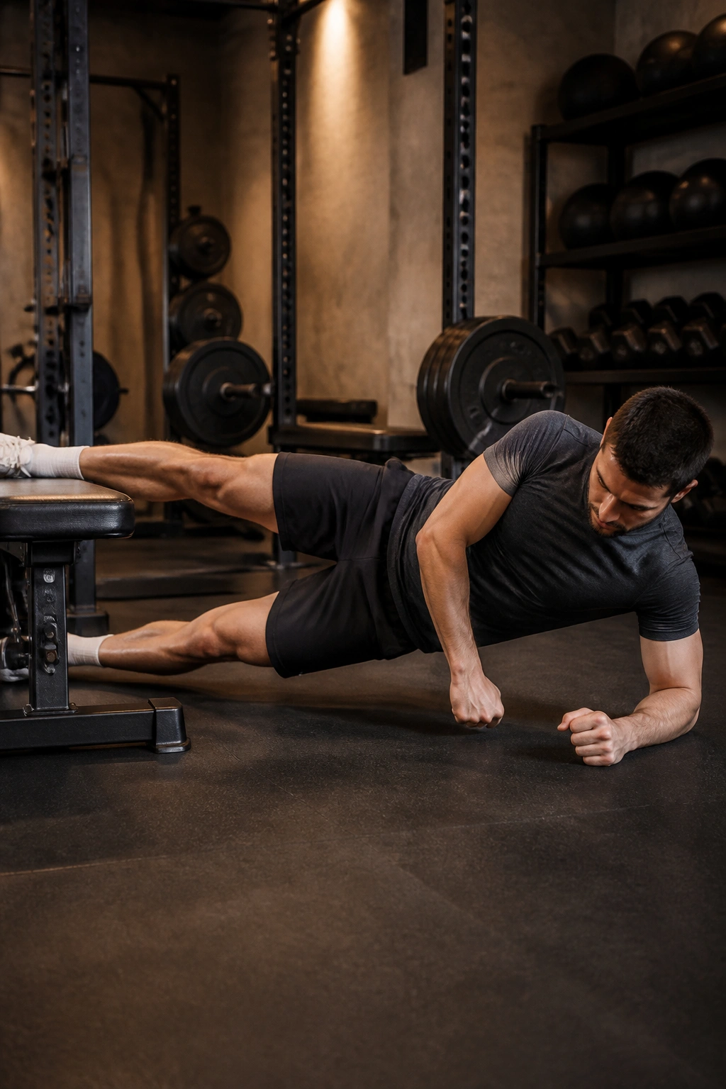 Side view of Copenhagen plank with top leg on bench