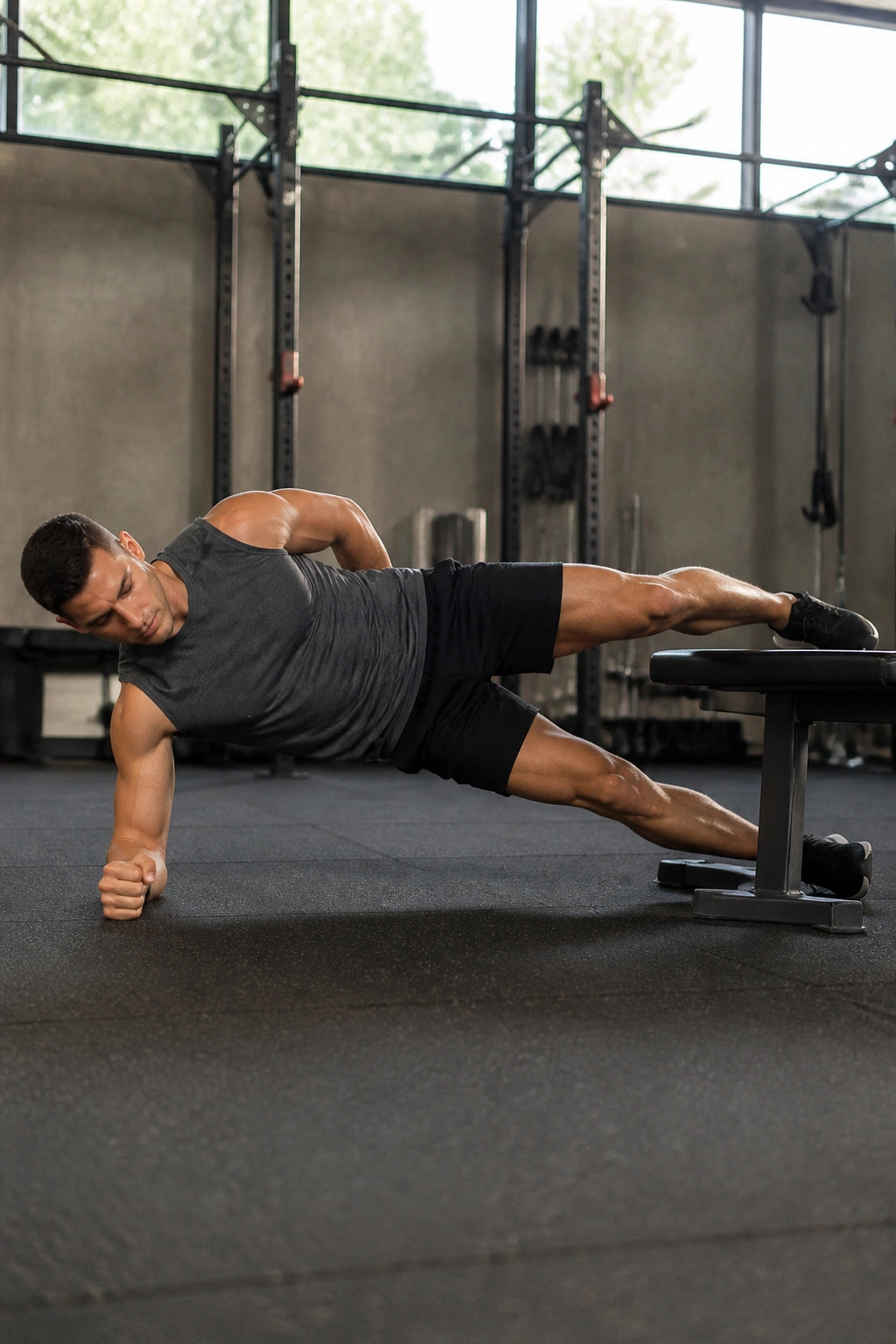 Side view of a Copenhagen plank showing top knee on bench