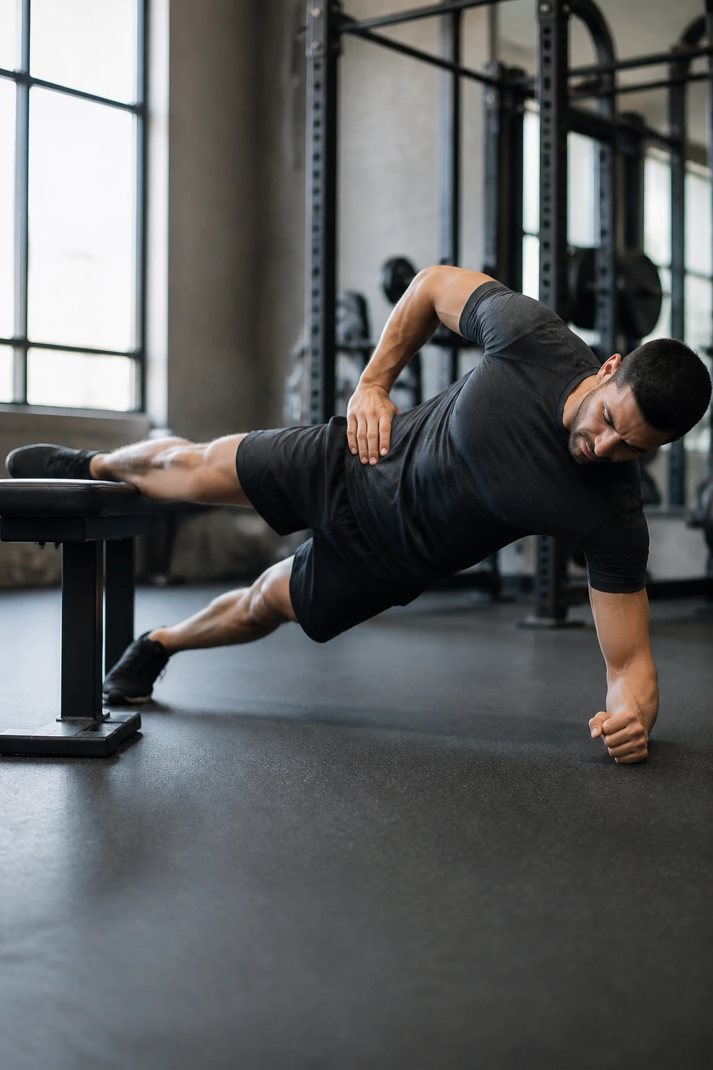Side view of a person in a Copenhagen plank with top leg on bench.