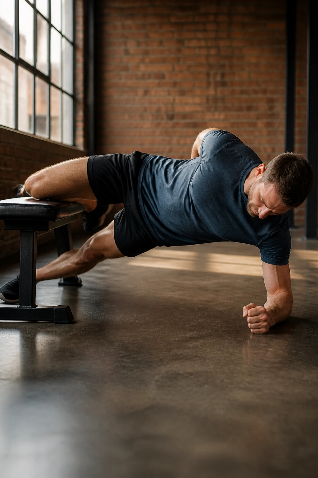 Side view of a person performing the Copenhagen plank for adductor stability.