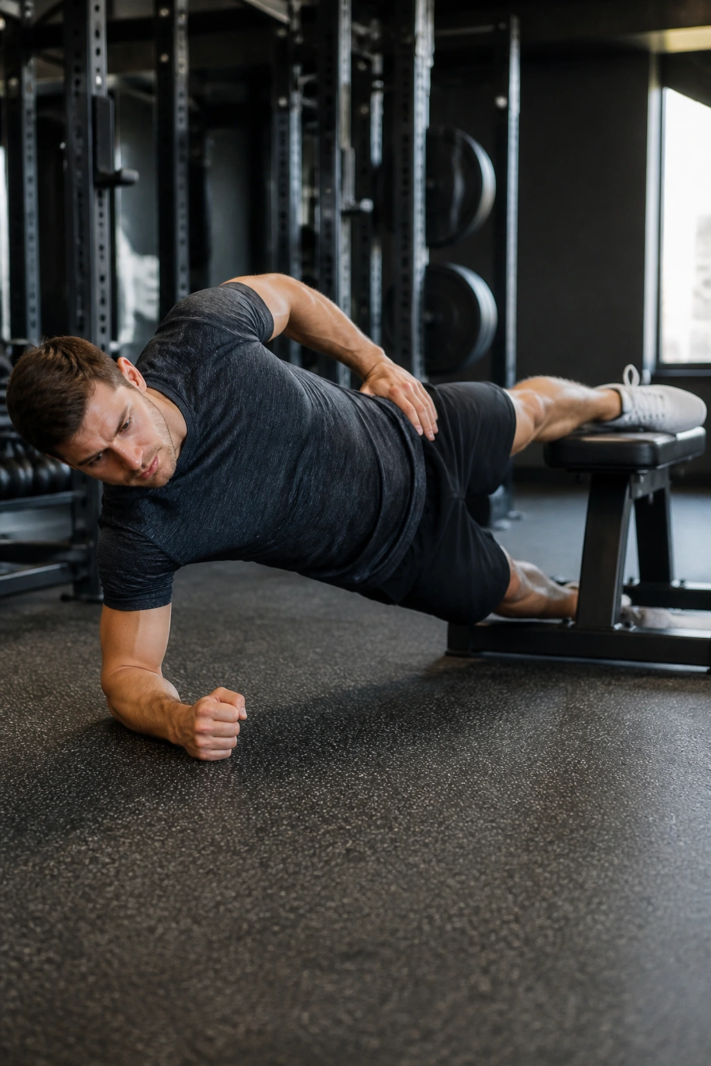 Side view of a person in Copenhagen Plank with top foot on bench highlighting adductor strength