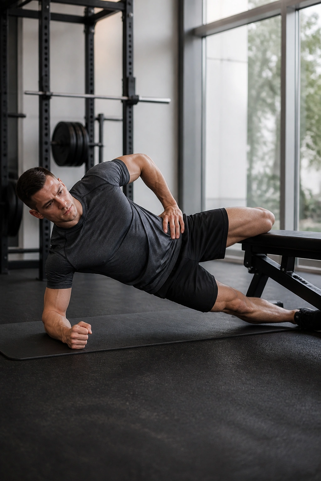 Copenhagen side plank showing elevated top knee and straight torso