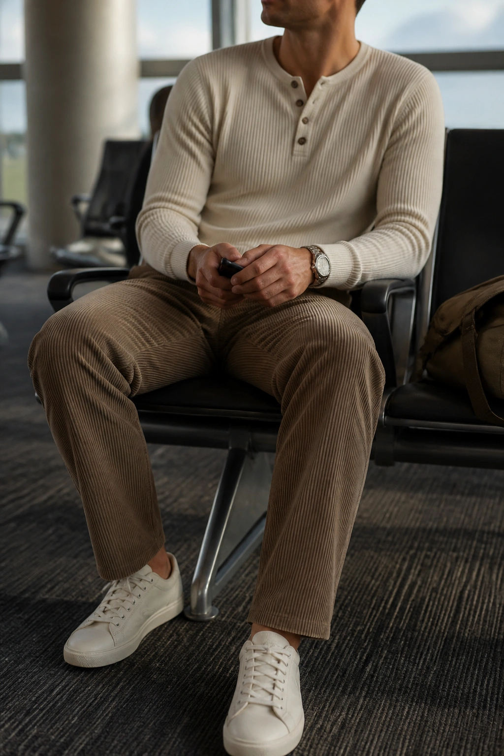 Person wearing fine-wale corduroy pants with Henley in an airport lounge