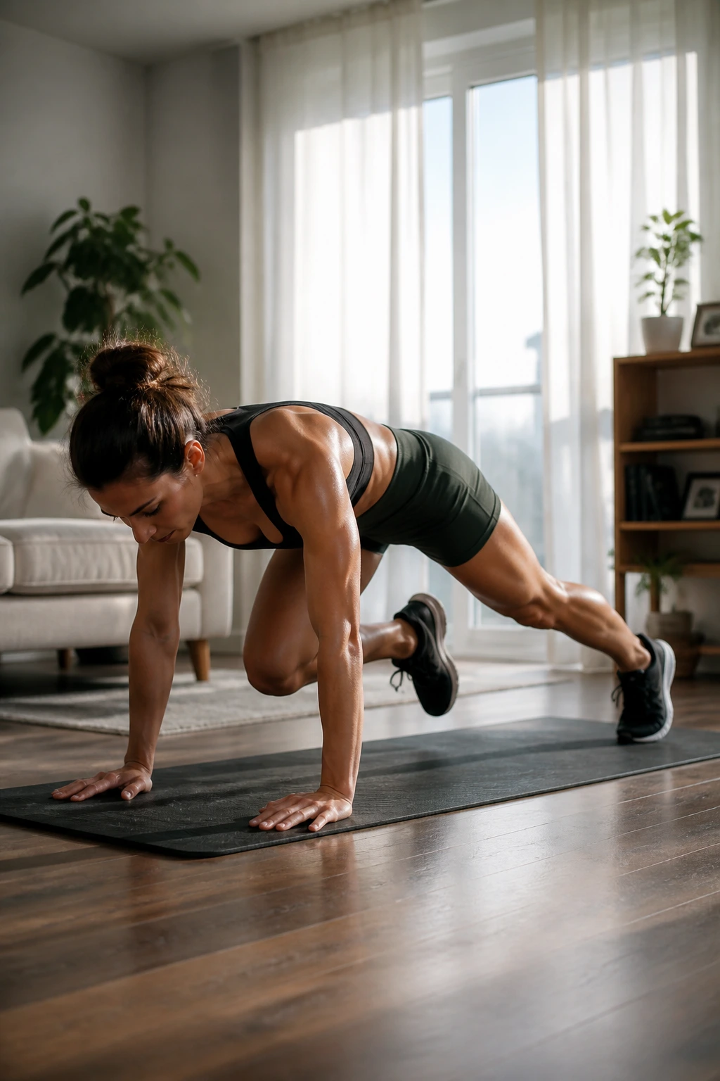 Dynamic mountain climbers on a gym mat in home space