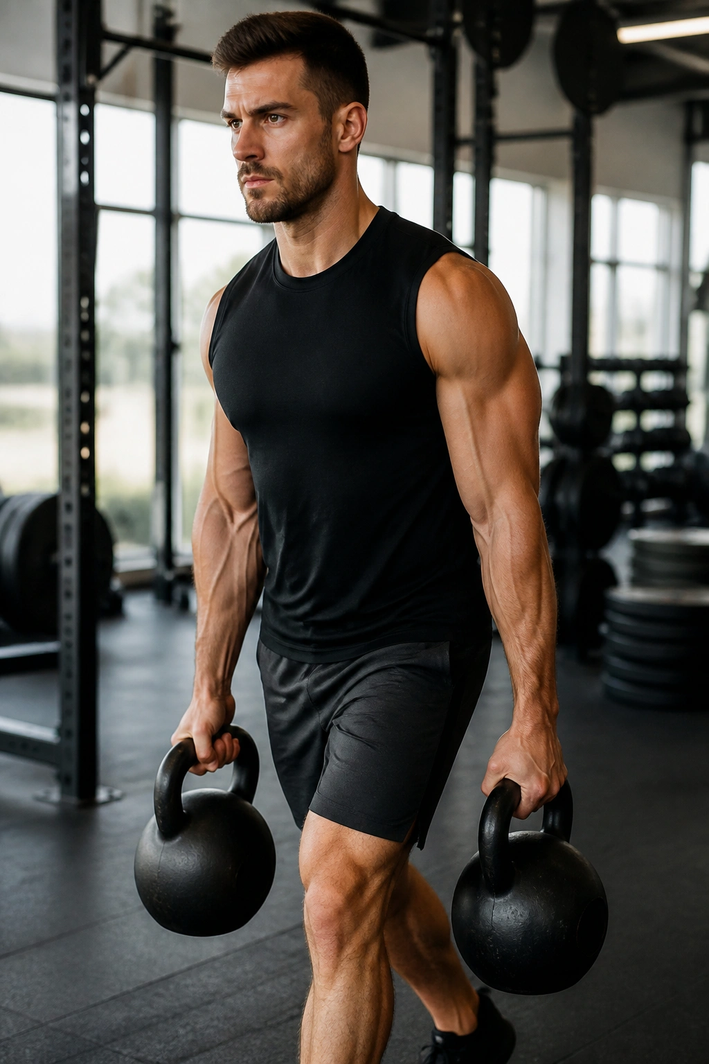 Medium-close shot of an athlete performing farmer carries to train core stability