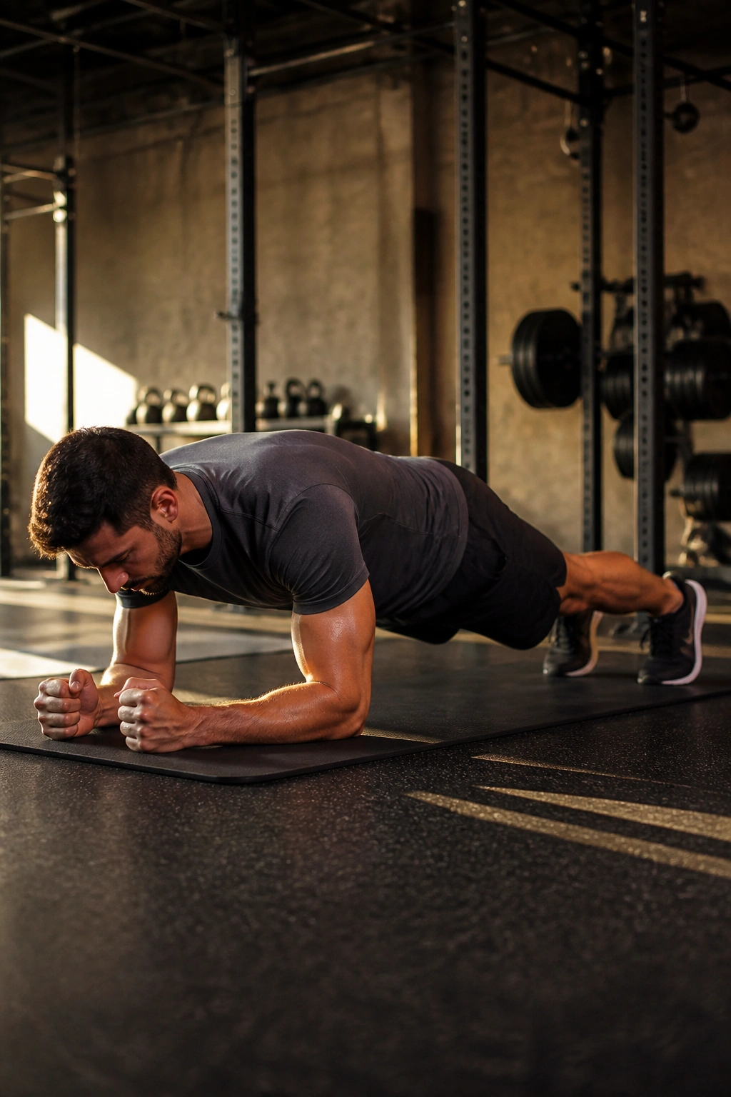 Person in forearm plank showing engaged core in a gym.