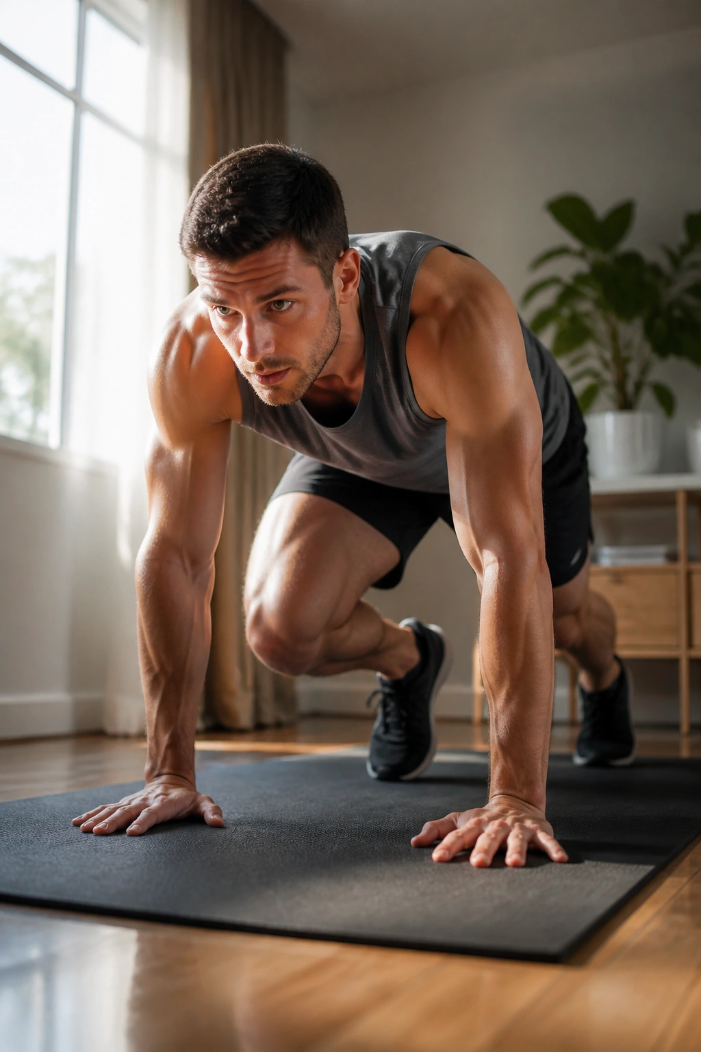 Real athlete in bear crawl demonstrating core-brace in a sunlit home gym corner.