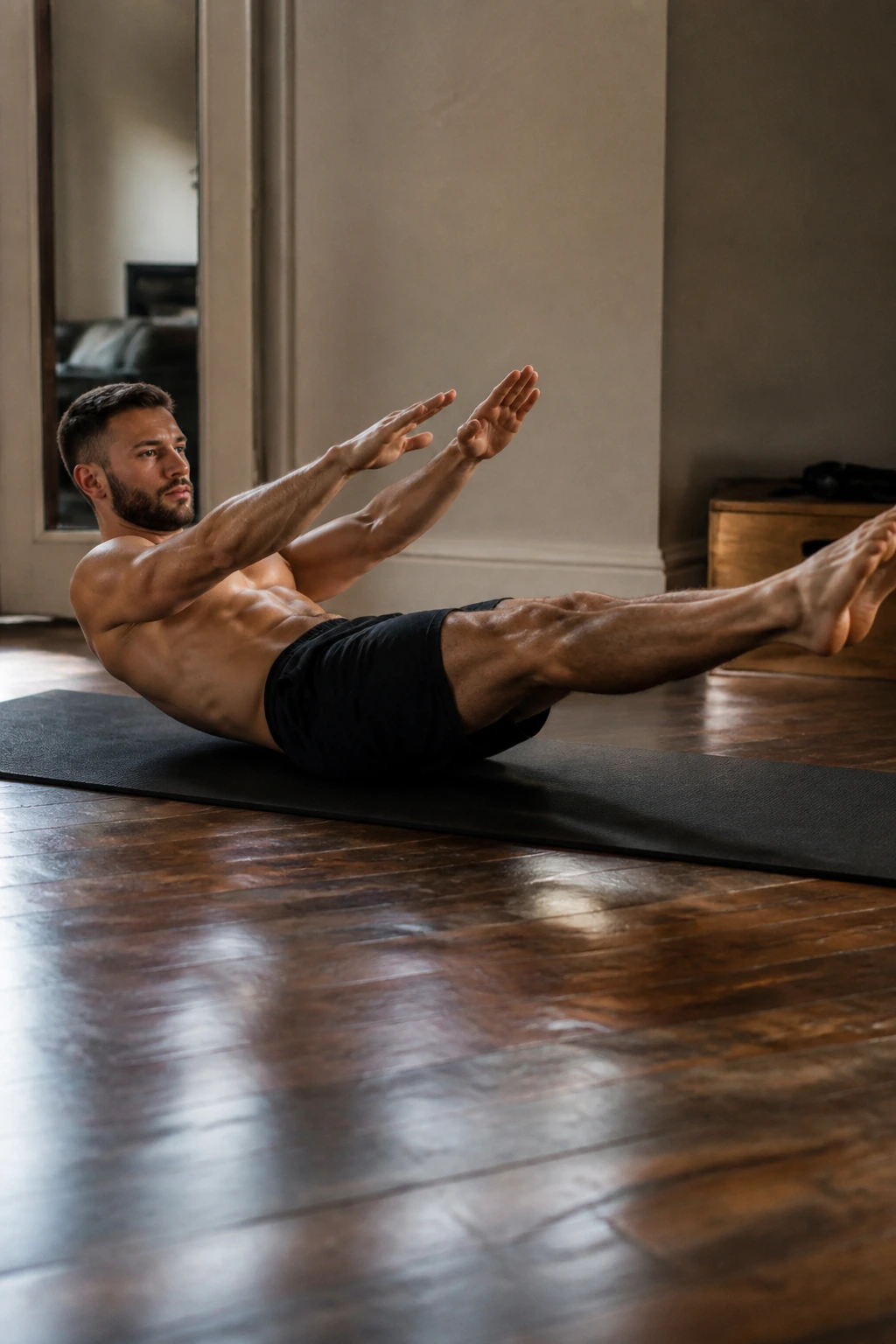 Person in hollow hold showing core engagement on a mat in a home gym