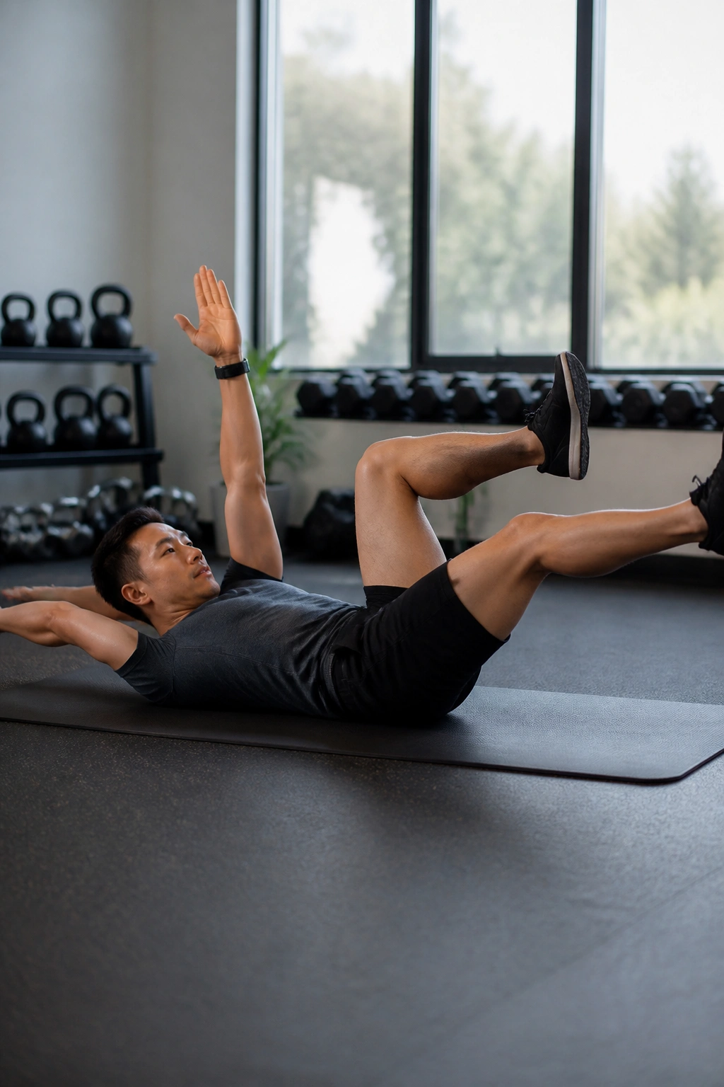Close-up of person performing dead bug exercise on gym mat