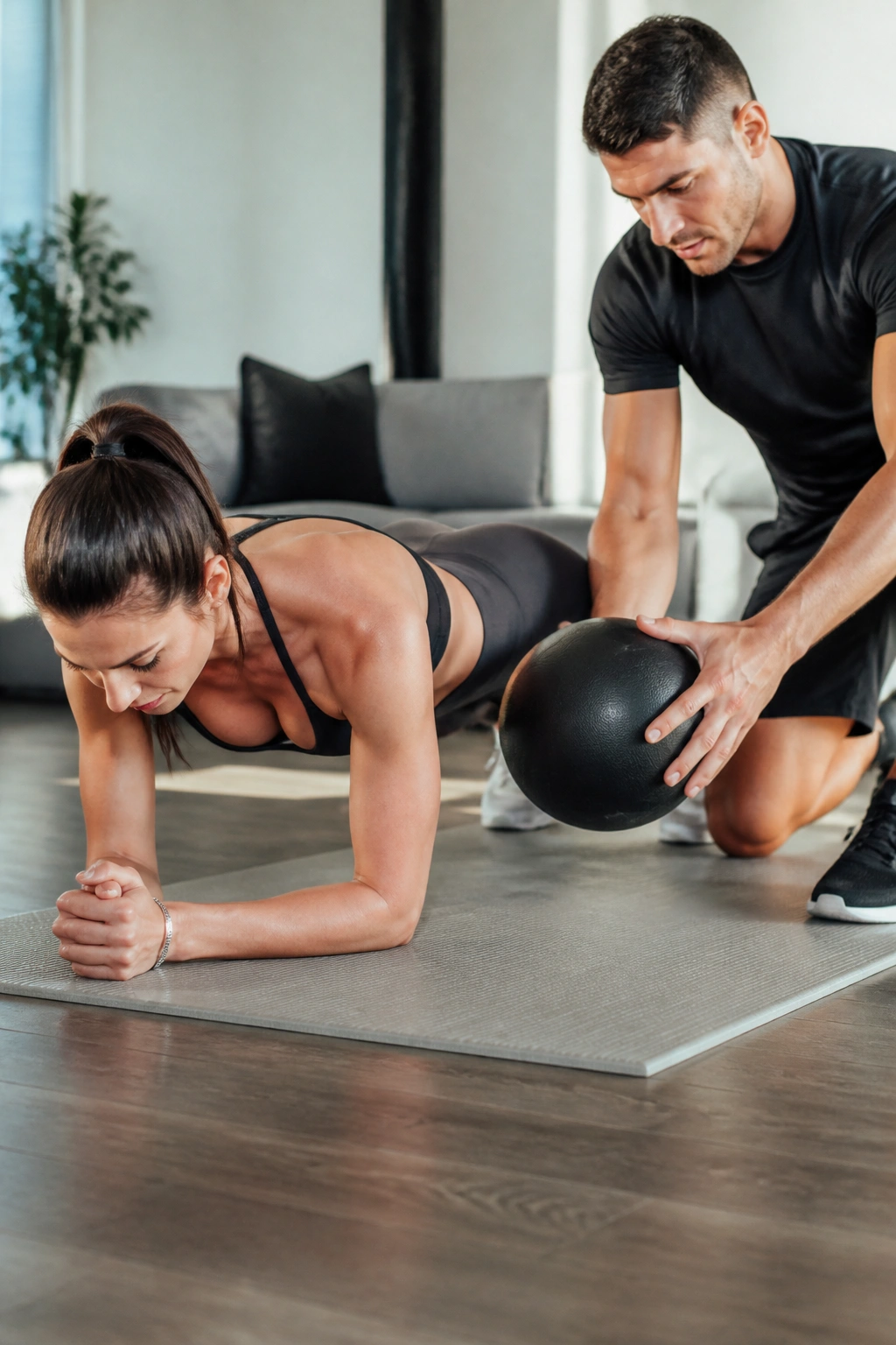 Two people performing plank hold with medicine ball passes on a mat