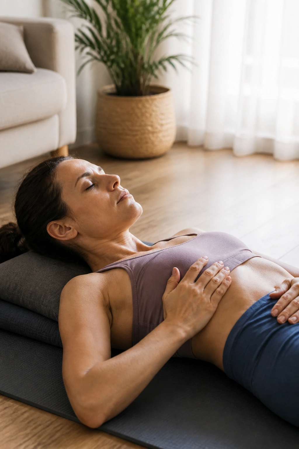 Woman practicing diaphragmatic breathing on a mat for core and pelvic floor rebuild