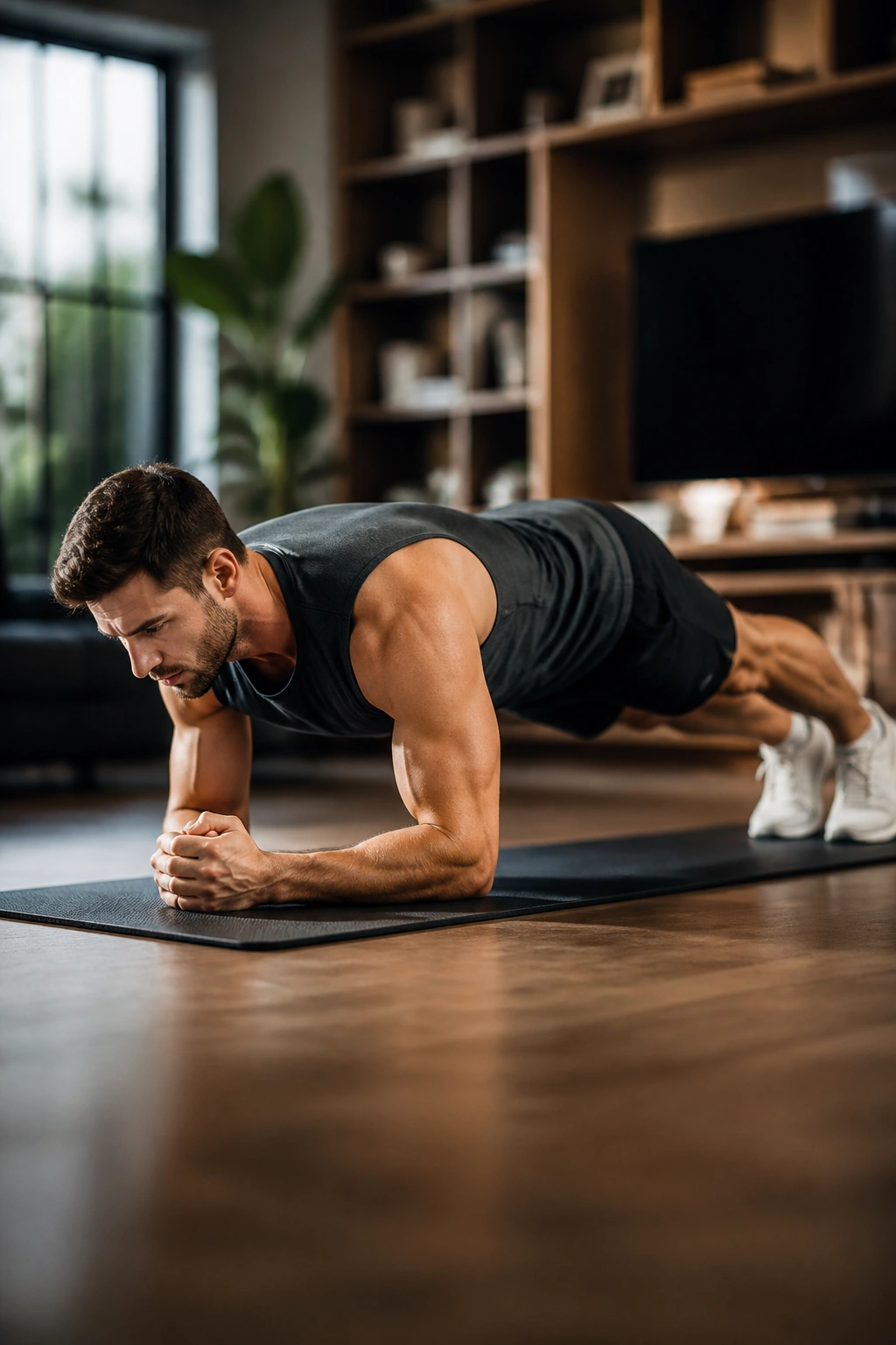 Person in a front plank on a mat with a straight body