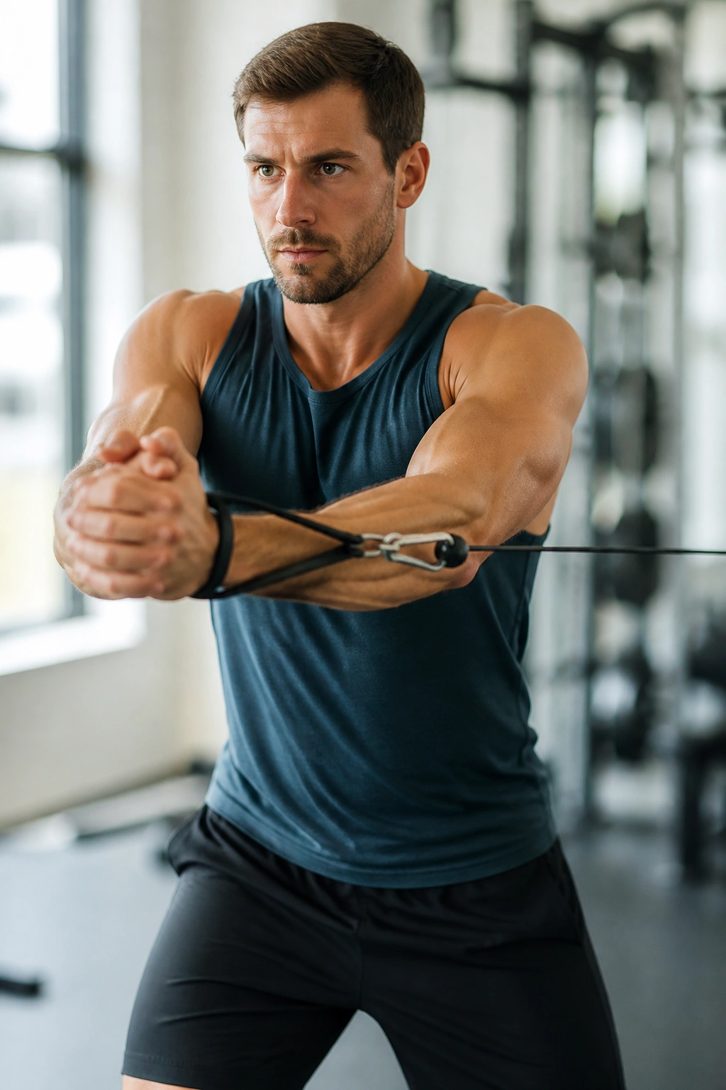 Medium close-up of a person performing Pallof press in a gym